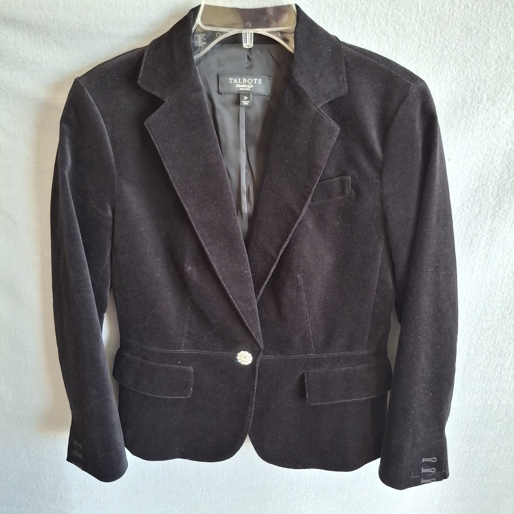 Talbots Petites Black Velvet Blazer Jacket Size 2P Single Button Classic Career